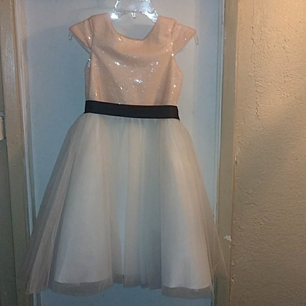 Peach sequined/ white tulle /navy ribbon dress